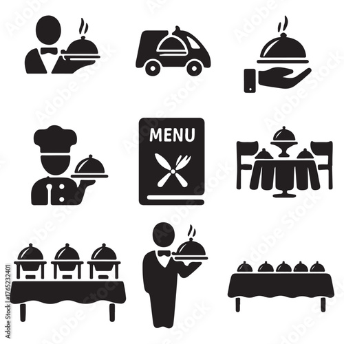 Catering line icon set vector. Catering service, food, delivery of ready meals, guest service, menu for event, banquet vector