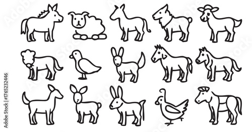 This collection features a vector set of wild animal silhouettes, including elephant, tiger, deer, and bear icons, alongside farm and pet mammal illustrations like dog, cat, horse, and cow