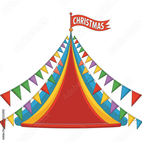 Christmas carnival big top tent illustration, colorful stripes, festive bunting flags, fairground pavilion, playful artwork, isolated background