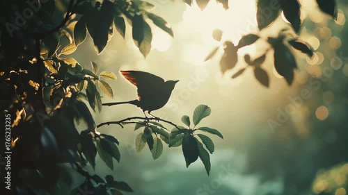 A bird is perched on a branch in a tree. The branch is green and the bird is black. A delicate silhouette of a bird perched on a tree branches