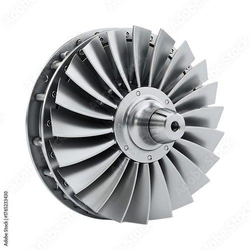 Closeup of a shiny metal turbine isolated on transparent background, studio shot