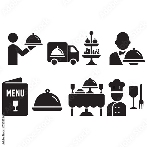 Catering line icon set vector. Catering service, food, delivery of ready meals, guest service, menu for event, banquet vector