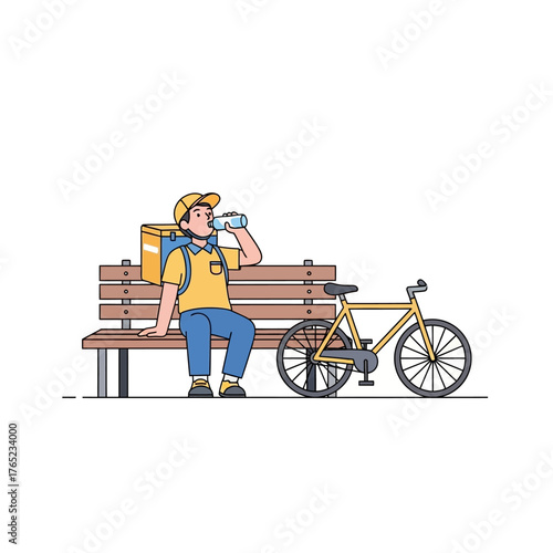 Delivery person takes a break on a bench with his bicycle and drinks water on a hot day