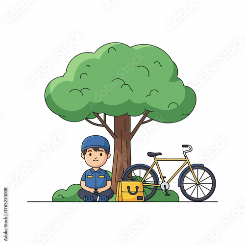 Friendly delivery person relaxing under a leafy tree beside their bicycle and a yellow food delivery bag, a charming cartoon depicting a break from urban courier service