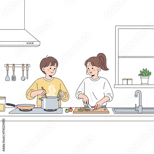 A couple happily cooking together in a modern kitchen, preparing a meal with fresh ingredients, symbolizing togetherness and domestic life