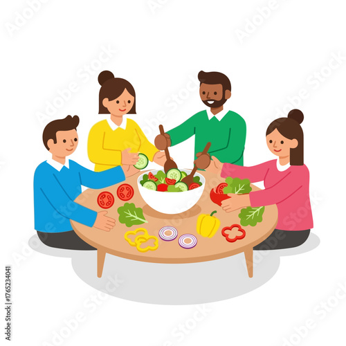 Happy family enjoying a healthy meal together, preparing a fresh salad around a wooden table, filled with vibrant ingredients and smiles