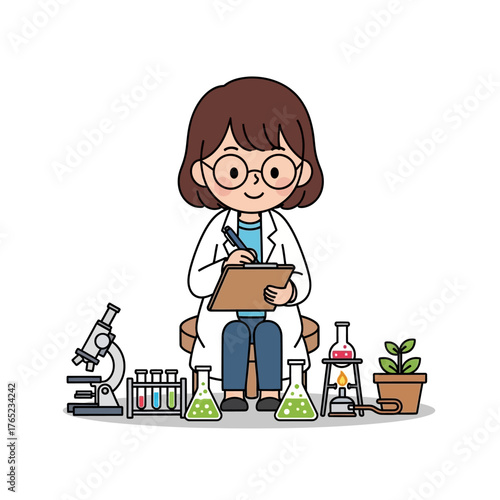 A cartoon illustration of a female scientist working in a laboratory, surrounded by scientific equipment and plants