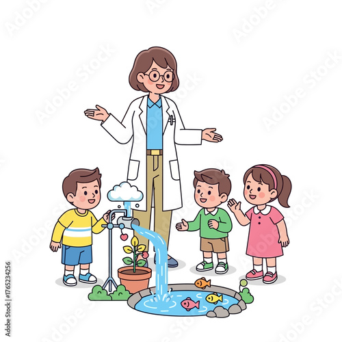 Children engaged in a science experiment with a female teacher demonstrating a water cycle model, fostering curiosity and learning in a playful environment