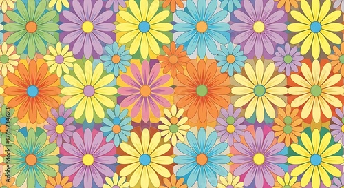 Vibrant floral pattern design with retro aesthetic in pastel colors