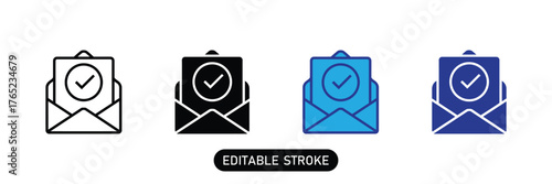 Set of four email icons with checkmark, isolated on transparent background,editable stroke for custom designs.