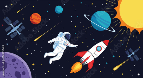 Astronaut in Space with Rocket and Planets.
