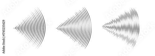 Dotted and linear sound wave signal set. Radial radio and music audio icon collection. Rippled radar vibration element sign bundle. Curved impulse lines pack. Echo soundwave symbols. Vector