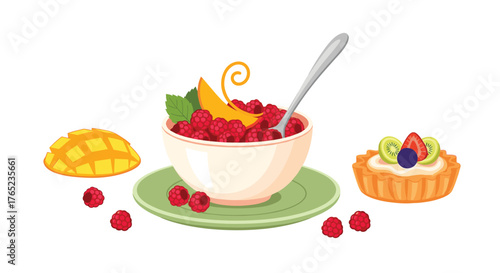 Delicious fruit dessert with mango and berries on a plate.
