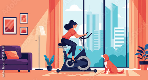 Woman cycling indoors with dog, enjoying home workout.