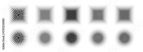 Gradient halftone shape set. Dotted textured round and square patterns. Cartoon faded background collection. Pixel bitmap element pack for frame, poster, collage, banner. Vector comic border bundle