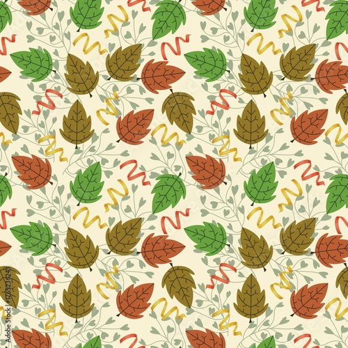 Retro Autumn Leaf Seamless Pattern, Cozy Fall Foliage and Ribbon Background, Earth Tones Textile for Thanksgiving and Seasonal Decor.