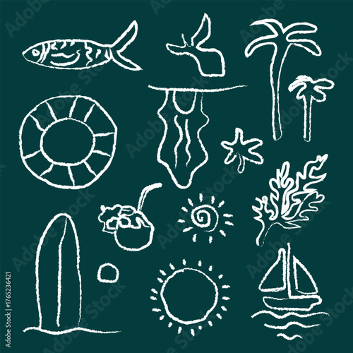 Hand drawn doodle summer beach, sea and surf vector illustration set. Tropical coastal elements palm trees, waves, surfboards, and sun with ornament for t-shirts, posters, and placards prints. 