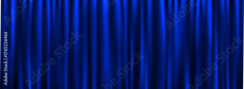 Royal blue velvet curtain background. Closed curtains backdrop for theater stage or cinema, circus. Fabric drapery wallpaper for award, show, performance. Vector navy textile room scene banner concept
