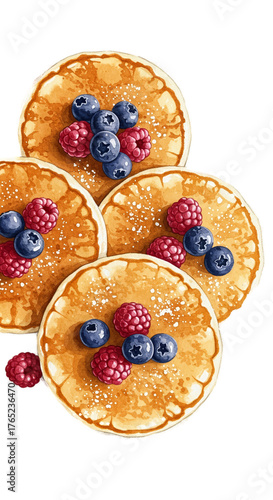 Golden Pancakes With Blueberries Raspberries And Powdered Sugar