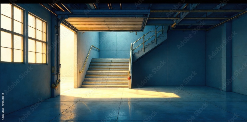 Obraz premium Well lit garage with clearly marked emergency exits and pathways, showing preparedness for evacuation. An overhead view of a brightly lit garage pathway leading towards a clearly indicated, unhindered