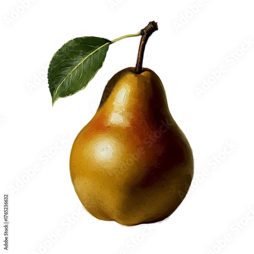 Golden Pear With Green Leaf Realistic Photo