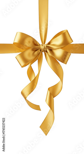 Golden Ribbon Bow Isolated on Yellow Background Luxury Gift Decoration
