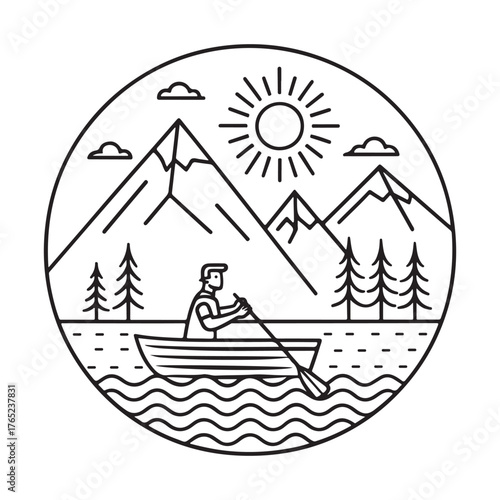 Simple line art logo of mountain, sun, and man on a ship sailing in the river vector