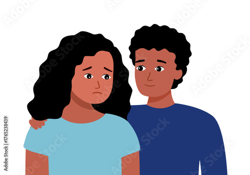 Empathy and Compassion concept. Young African man comforting sad woman. Psychological care.