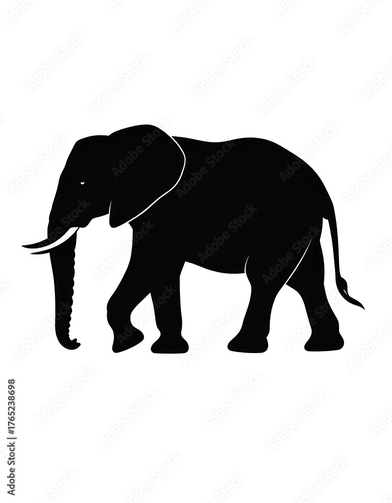 Fototapeta premium Black silhouette of an elephant walking on a white background