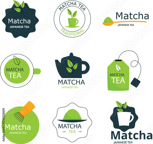 Matcha tea badges concept