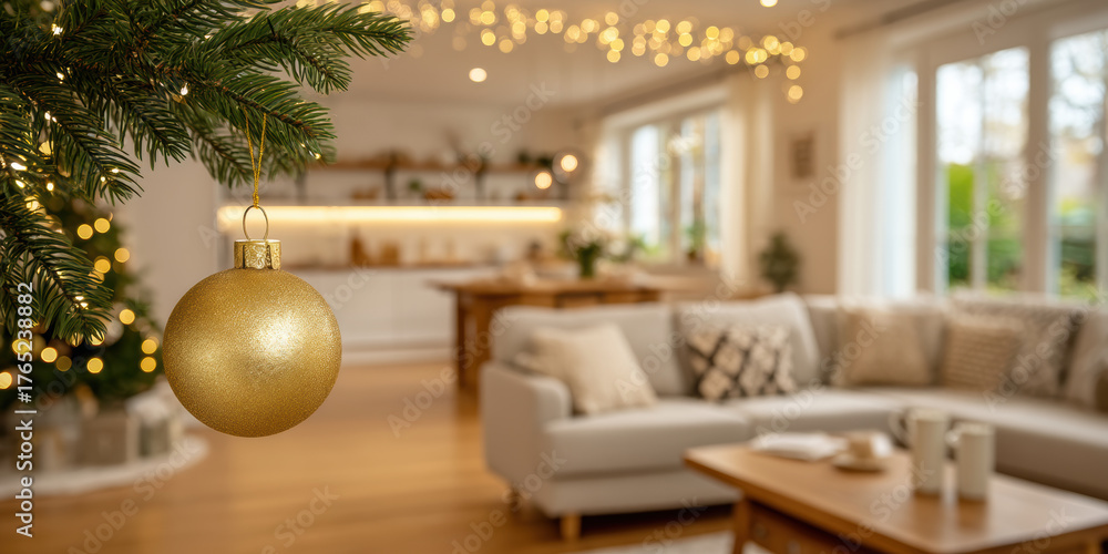 Obraz premium Golden Christmas ornament hanging in cozy living room with warm festive lighting