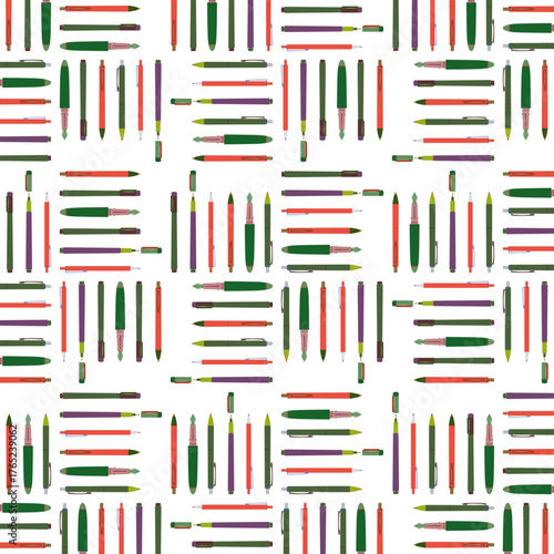 Office supply pens seamless pattern with colorful hash grid layout in vector illustration format
