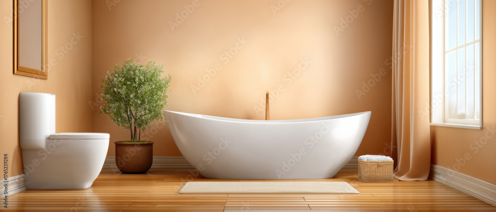 Fototapeta premium Modern freestanding bathtub in warm minimalist bathroom with plant and natural light