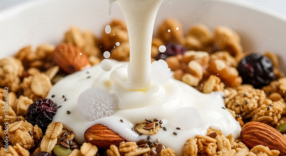 Fototapeta premium Healthy breakfast granola bowl, drizzled with rich, creamy milk flow