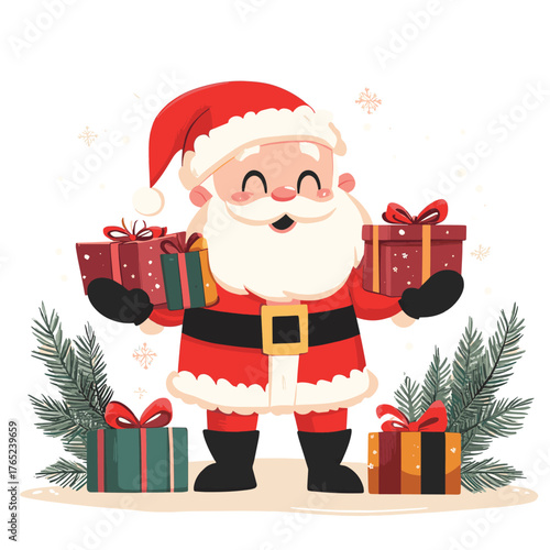 cartoon santa holds colorful gift boxes amidst decorated christmas presents new year winter holiday flat style cartoon   , vector style simple color