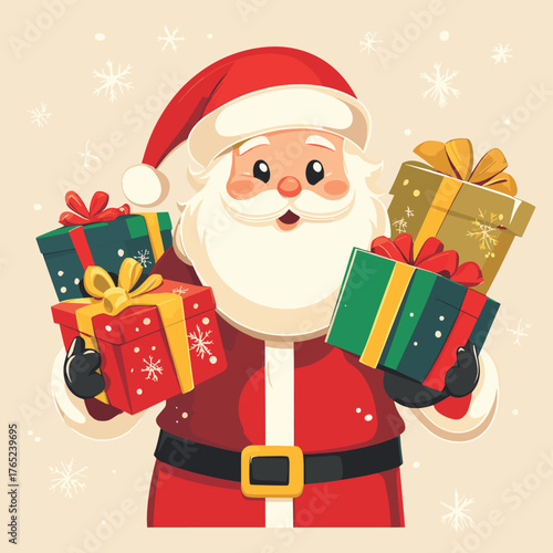 cartoon santa holds colorful gift boxes amidst decorated christmas presents new year winter holiday flat style cartoon   , vector style simple color