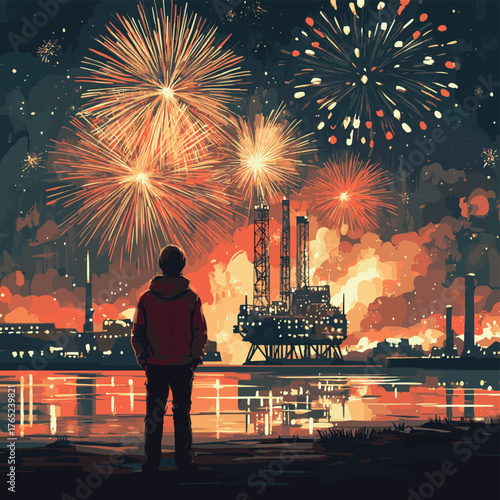 A guy stands on the shore against the background of an oil rig and looks at the bright fireworks, happy new year   , vector style simple color