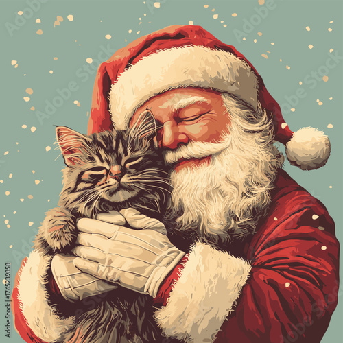 a Santa close and cat having a warm embrace created with Generative Ai technology   , vector style simple color