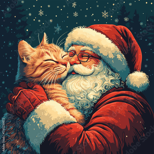 a Santa close and cat having a warm embrace created with Generative Ai technology   , vector style simple color