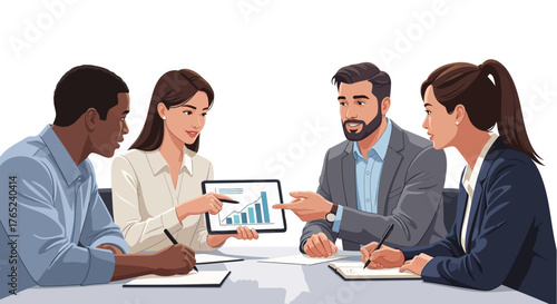 Group of business professionals collaborating around a table, analyzing data on a tablet.