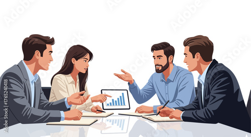 Business meeting with four people discussing a graph on a tablet.