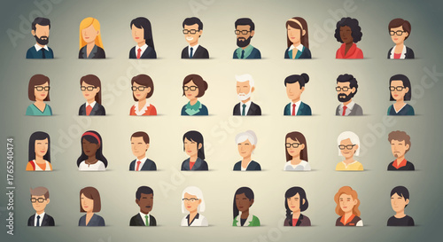 A diverse collection of 32 cartoon-style avatars representing people of various ages, genders, ethnicities, and professions, set against a gradient background.