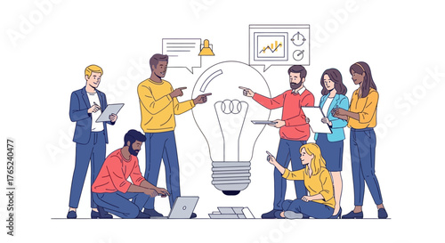 Flat 2D vector illustration of diverse business team brainstorming ideas around a big lightbulb in modern office, minimal background, clean composition