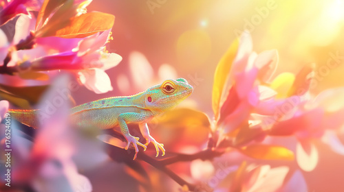 Lizard resting among pink flowers under warm sunlight. Soft bokeh, vibrant tones, and spring atmosphere create a sense of harmony and calmness