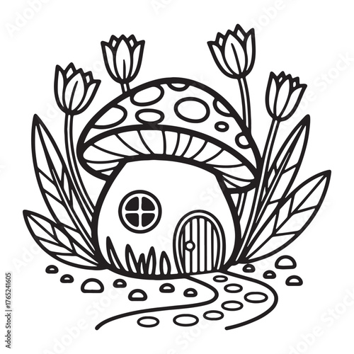Whimsical mushroom house with tulips and winding stone pathway art