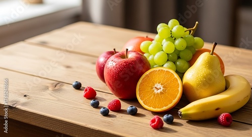Rustic tableau of assorted fruits on wooden table, vibrant color harmony