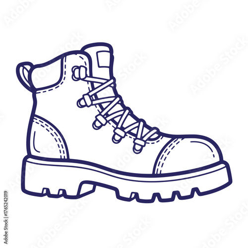 Outlined vector illustration of a sturdy hiking boot design in doodle style for various uses
