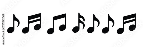 Music notes icon set, vector illustration of musical symbols, notes, treble clef, bass clef, staff, piano, guitar, violin, melody, rhythm, black vector