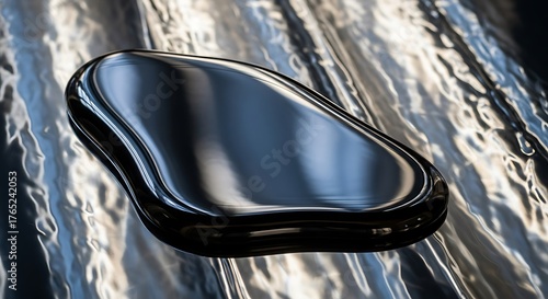 Silver fluid substance with dark reflection over chrome glossy backdrop