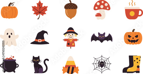Icon set of autumn and Halloween icons including pumpkin, ghost, scarecrow, and bat